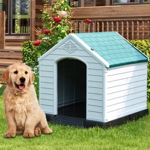 Dextrus Grande maison de chiens en plastique avec Air Évents et plancher surélevé, abri pour chiots pour chiens imperméable pour usage intérieur et extérieur, spacieux et durable(28,5"L*26"W*28"H, bleu)