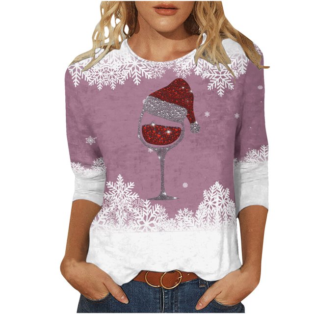 Pisexur Chandails de Noël pour Femmes Chandails à Manches 3/4 pour Femmes Chandails à Col Rond Graphiques Amusants Chandails à Capuchon Décontractés pour les Fêtes de Noël Confort Amples Mode d'Automne Chandails à Enfiler