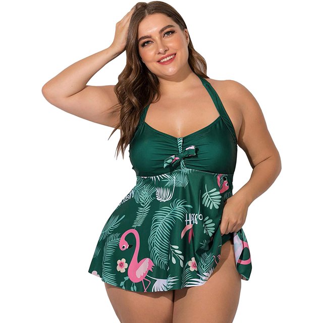 Women's Plus Size Tropical Flamingo Hater Swing Top Tankini Swimsuit