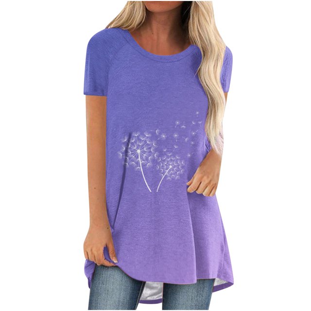 Birdeem Mode Femmes Mode Manches Courtes Col Rond T-Shirt Long Imprimé Blouse Hauts Amples