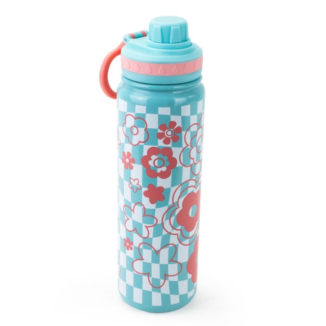 Mainstays Payrenees 700 ml DW SS Bottle Floral with turquoise and white checkered pattern and red floral outlines, vacuum insulated double wall stainless steel body, turquoise screw-top lid with pink band, chug spout, and red flip-up handle for easy carrying, suitable for keeping drinks hot or cold on the go.