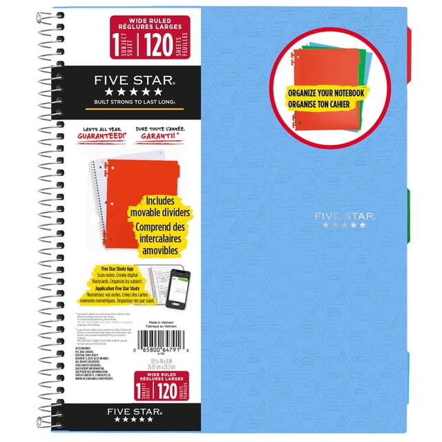Five Star® Colour Coded Notebook with Dividers, Blue