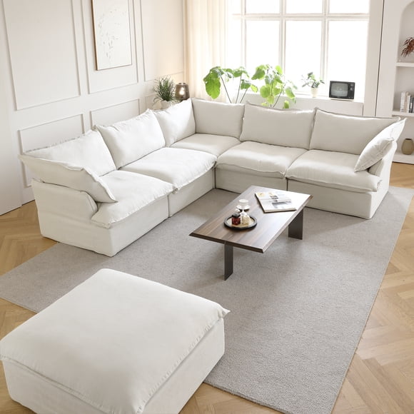 bokifol Modern Oversized Cloud Couch,Modular Sectional Sofa,6 Seater Convertible L-Shaped Sofas,2 Pillows and Storage Ottoman,Comfy Couches for Living Room,White