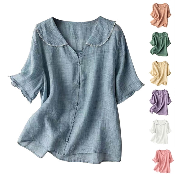 Sentmoon Women's Tops Short Sleeve Peter Pan Collar Clothes Button Down Linen Loose Fit Solid Color Breathable Shirt Comfy Hawaii