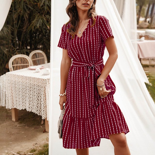 Ovzne Robes d'Été pour Femmes Robe d'Été Mode Femmes Couleur Unie Manches Courtes Col en V Bouton Taille Élastique Robe Ajourée Robe de Printemps Manches Courtes Imprimée Liquidation