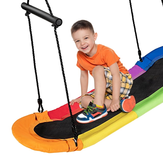 Costway Saucer Tree Swing Surf Kids Outdoor Adjustable Oval Platform with colorful design, foam-padded handles, and breathable grid fabric. This swing set accessory is ideal for outdoor play, featuring a sturdy metal frame and durable ropes, supporting up to 333 lbs. Suitable for indoor and outdoor use, perfect for swing sets or tree branches.