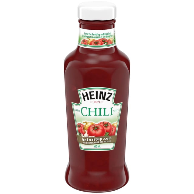 Heinz Sauce Chili, Préparée au Canada, Bouteille de 455 ml avec Capuchon Blanc et Étiquette Mettant en Vedette Tomates et Ail, Idéale pour la Cuisson, les Trempettes et pour Rehausser les marinades Ou les Sautés.