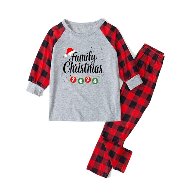 TIMIFIS Pyjamas de Noël Assortis pour la Famille Ensembles Garçons Filles Vêtements de Nuit Père Noël Renne avec Haut à Lettres et Pantalon à Carreaux Rouges Tenue de Détente des Fêtes de Noël