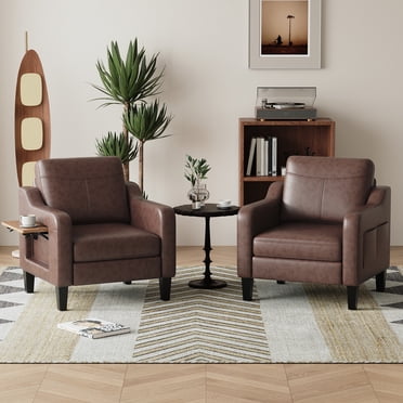MALOL Modern Accent Chair Set of 2 with Foldable Table, 2 Side Pockets,Upholstered Living Room Side Chair Wooden Leather Armchair, Single Sofa for Bedroom/Office/Reception Room, Chocolate