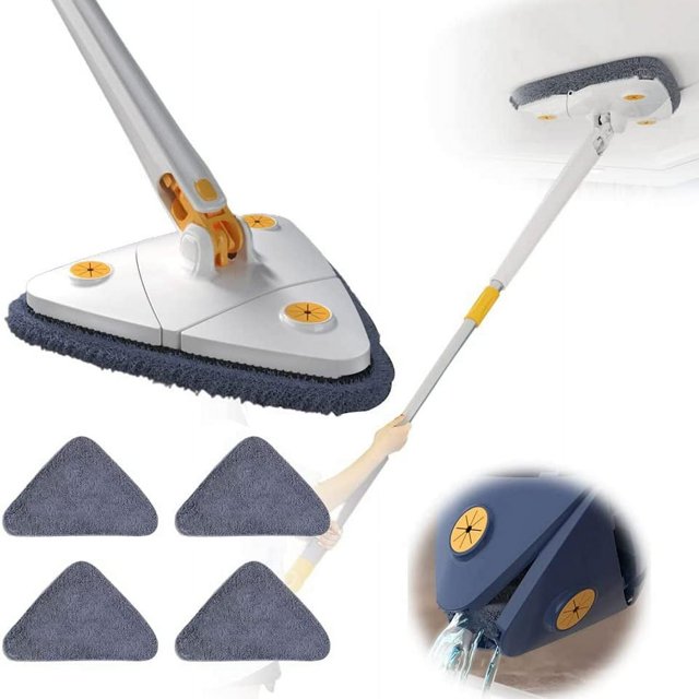 YOPTOP Vadrouille de Nettoyage Rotative à 360° Réglable 51 Pouces Vadrouille Triangulaire Extensible avec Long Manche Essorage Automatique Vadrouille de Nettoyage de Plancher en Microfibre Rotative pour Nettoyer Murs Plafonds, Blanc, avec 4 Tampons de Nettoyage