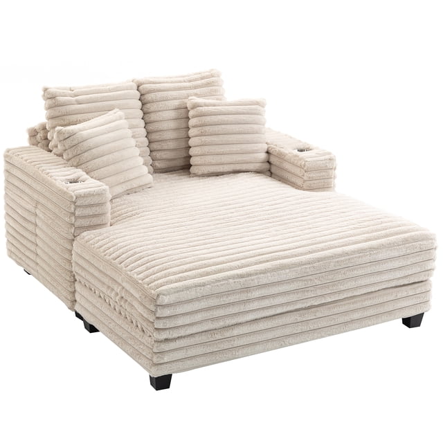 HOMCOM 60" Chaise Lounge Chair Indoor, Oversized Upholstered Sofa Bed, Beige