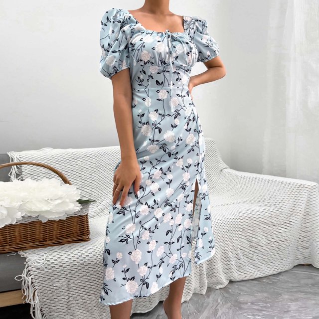 Jusqu'à 65 % de Rabais! Robes d'Été Mode pour Femmes 2024 Grande Taille Décontractées Aguichant à Encolure Carrée à Manches Bouffantes Robe Fendue à Fleurs pour Style Vacances Robe à Manches Courtes à Encolure en V