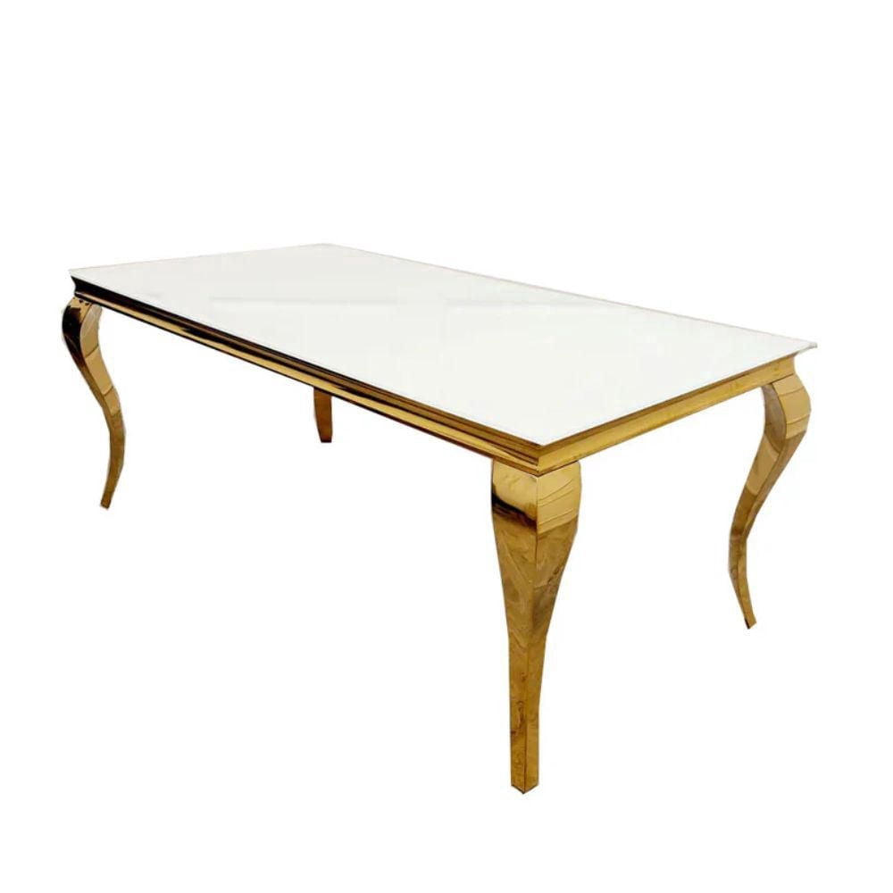 Table de salle à manger en faux marbre blanc de la collection Heavenly avec base en acier inoxydable doré