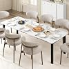 Table à manger rectangulaire pour 6-8 personnes, 78.7” Table de cuisine longue avec bord courbé irrégulier, 15mm MDF Bureau & Cadre en métal, Table de salle à manger imperméable pour le bureau d'intérieur, Blanc