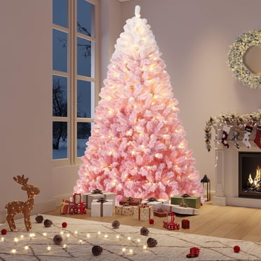 9 ft Prelit Pink Gradient Christmas Tree with RGB and Warm White Lights, Snow Flocked Full Holiday Decor with Foldable Metal Base for Home and Office