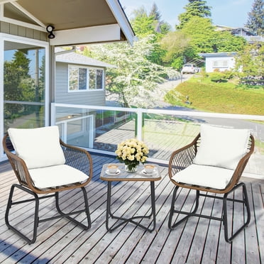 Costway 3PCS Patio Rattan Bistro Set Cushioned Chair Glass Table Deck White