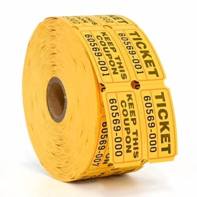 L LIKED Raffle Tickets Double Rolls 1000 per Roll 50/50 Raffle Tickets for Events, Entry, Class Reward, Fundraiser & Prizes(Yellow) Centered roll of yellow double-stub raffle tickets; each ticket measures 2 x 2 inch (5 x 5 cm) and splits into two 1 x 2 inch halves (2.5 x 5 cm) with a perforated line for quick tear-off. Paper stock, consecutively numbered double stubs, back panel for name/address/phone; often used at fundraisers, school events and prize drawings and suitable for admission or redemption tracking.
