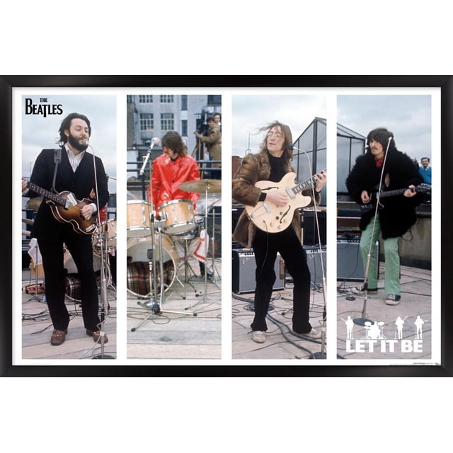 The Beatles - Let It Be Bars Affiche Murale, 22,375 Pouces x 34 Pouces Encadrée, Affichant Quatre Panneaux Verticaux du Groupe Se Performant à l'Extérieur sur un Toit avec Guitares et Batterie, Présentant un design Moderne Propre et une Finition Satinée de Qualité Supérieure, Idéale pour une Déco Maison à Thème Musical.