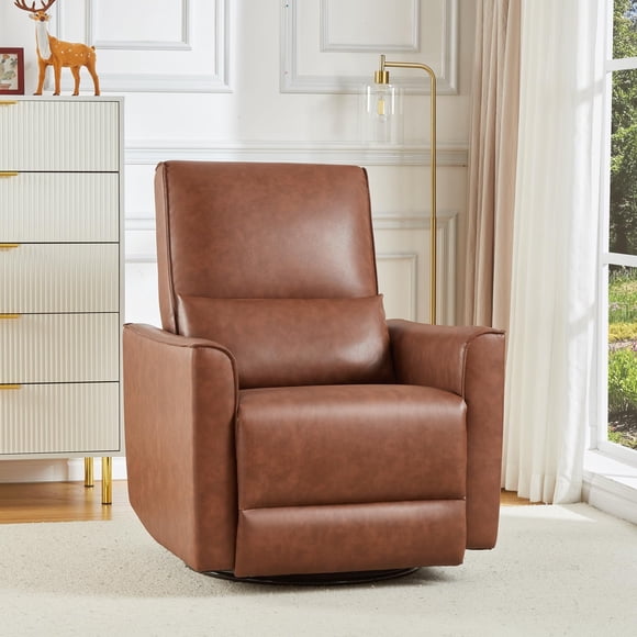 TROPOW 360° Swivel, Rocking Chair Nursery, Glider Rocker Recliner, PU Leather Sofa Chair with high Back, Deep Seat for Nursery, Living Room, Bedroom, Brown
