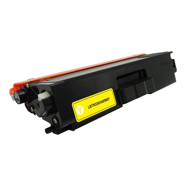 L-ink Compatible Toner TN339 Yellow cartridge shown in a 3/4 angled view with black plastic body and orange protective cover, featuring a yellow label marked LBTN339/349/900Y, compatible with Brother L9550CDW and HL-L9200CDW printers, delivering sharp laser-quality prints and a 6000 page yield.