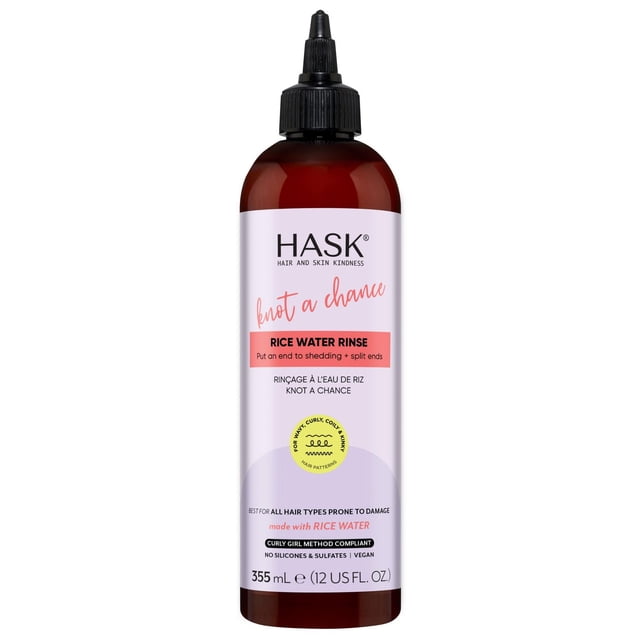 Hask Texture Series Knot a Chance Rice Water Rinse in a 355 mL brown plastic bottle with black twist nozzle, a rinse-out treatment for wavy, curly, coily, and kinky hair types prone to damage, formulated with rice water to minimize shedding, split ends, and enhance shine and length retention.