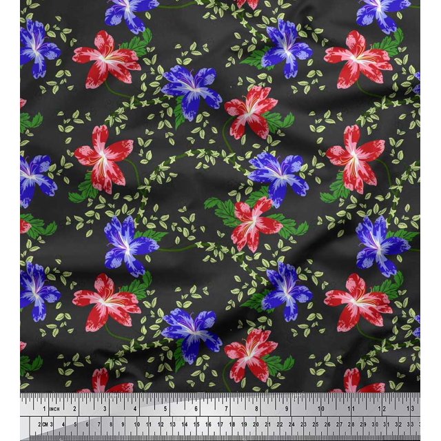 Soimoi Georgette Viscose Fabric Leaves & Azalea Floral Decor Fabric Printed Yard 42 Inch Wide