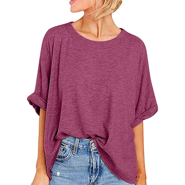 Plebaso T-Shirts Surdimensionnés pour Femmes Manches Courtes Col Rond T-Shirts d'Été Décontractés Amples Blouses 2025