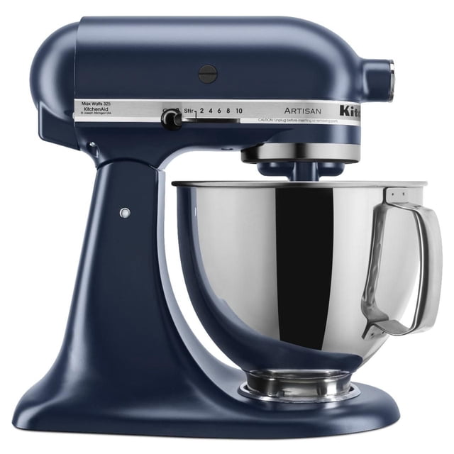 KitchenAid® Artisan® Series 5-Quart Tilt-Head Stand Mixer in navy blue with a 5-quart stainless steel bowl and handle, featuring a 10-speed dial from stir to 10 and a tilt-head for easy ingredient addition, suitable for mixing dough, batter, and whipping cream.
