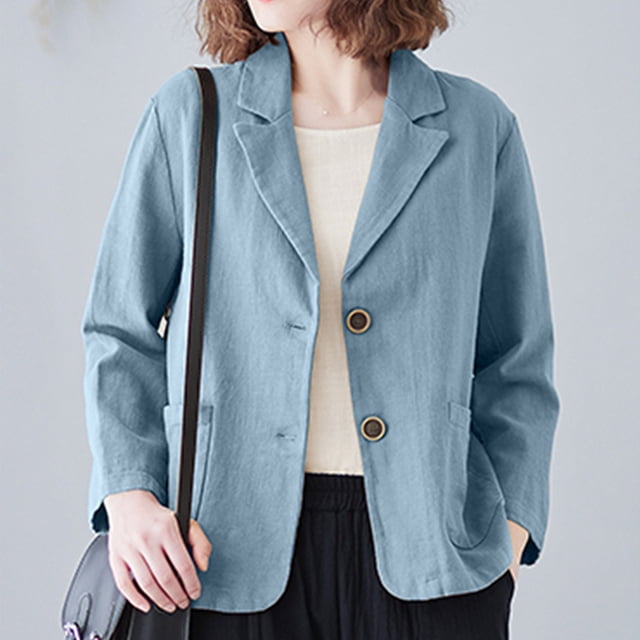 EGNMCR Veste à Manches Longues pour Femmes, Manteau et Vestes Décontractés Sans Capuche à Manches Longues pour Femmes, Veste Cardigan Courte en Lin à Col Rabattable à Manches 3/4, Petit Complet, Haut Veste pour Femmes, Chemisier à Carreaux