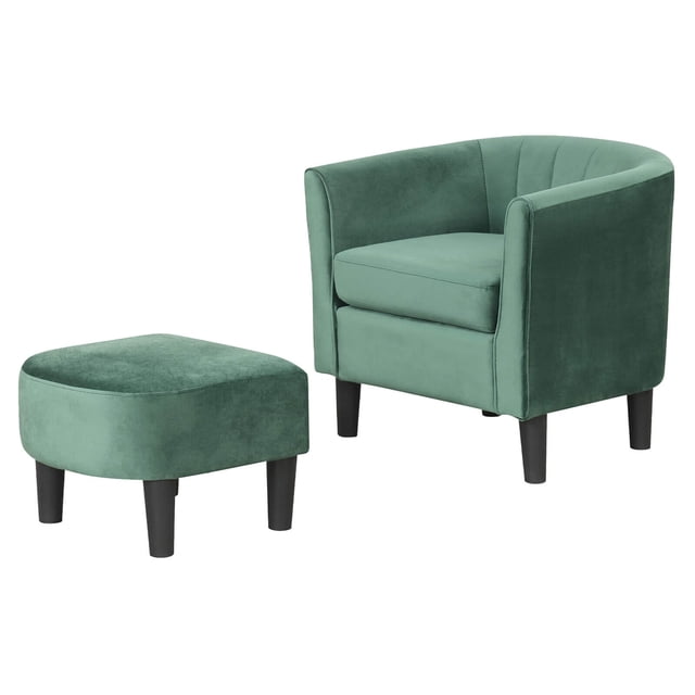 Costway Barrel Chair with Ottoman Footrest Curved Backrest Armrests Removable Seat Cushion Green front-facing green teddy velvet barrel chair and matching ottoman with ergonomic curved backrest and integrated armrests, removable high-density sponge seat cushion with hook-and-loop fastener, plywood legs with non-slip pads; chair 26.5" x 25" x 26.5", ottoman 18" x 17" x 13.5". Ottoman is often used as a footrest or extra seat.