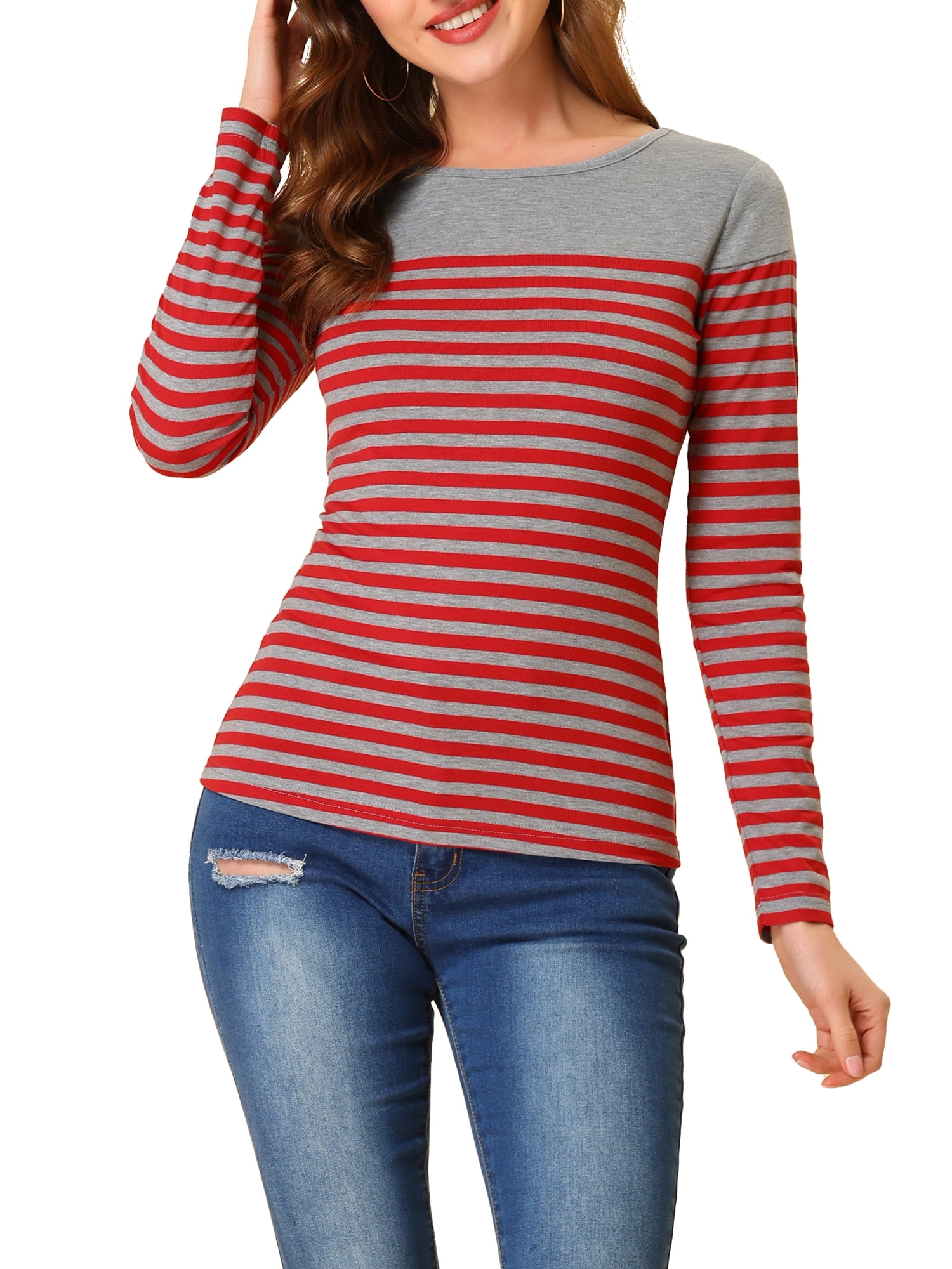 INSPIRE CHIC Women's Blouse Striped Color Block Long Sleeve Causal T-Shirt L Red Gray
