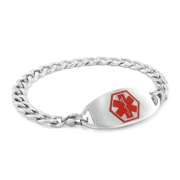 MedicEngraved Bracelet à Maillons Gourmette 7 mm en Acier Inoxydable 316L Chirurgical avec Étiquette Médicale en Émail - Gravure Médicale Incluse