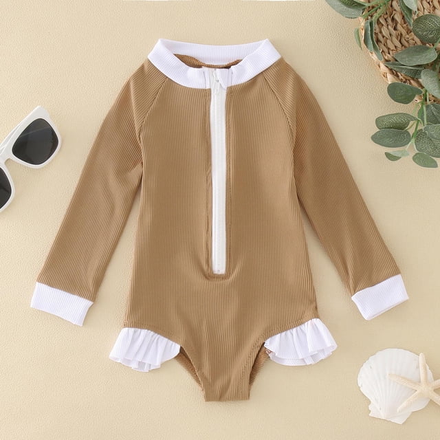 Girls Rash Guard Swimwear Striped Ruffle Long Sleeve Sun Protection Toddler Girl Bathing Suit 18-24 Months