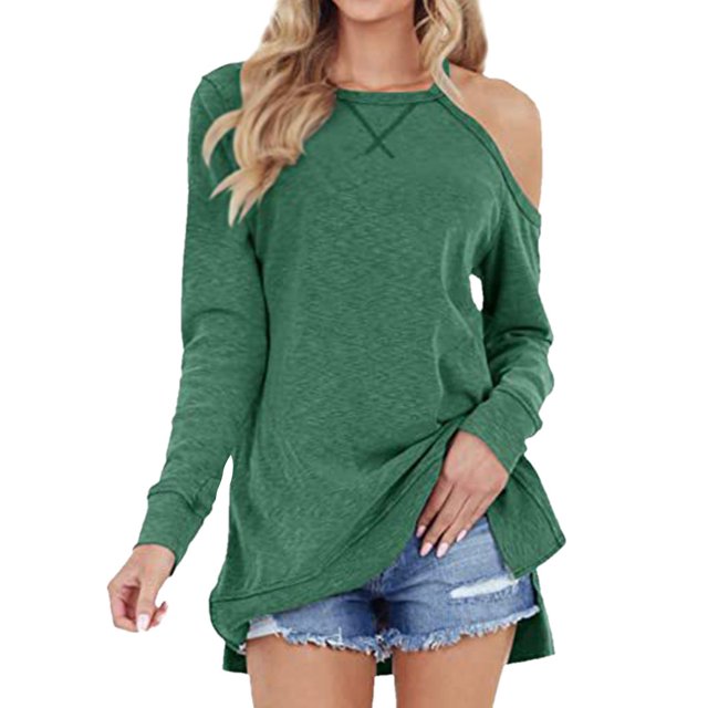 MY Women Solid Color Long Sleeve Cold Shoulder Side Split Casual Shirt