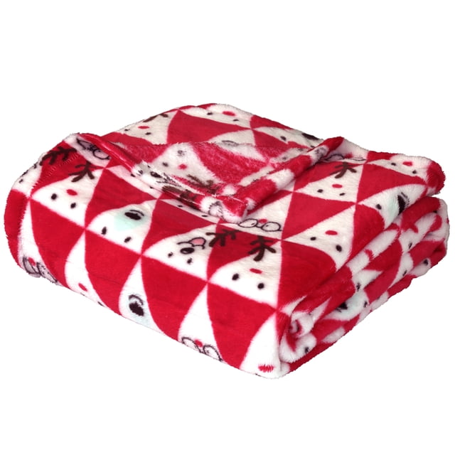 Holiday Time Soft Plush Throw blanket folded, featuring a red and white triangular pattern with snowman faces and black accents, made of plush polyester fabric, measuring 50 by 60 inches, ideal for cozy warmth and seasonal home decor.