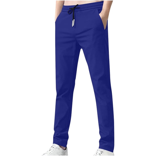 Mens Casual Pant Elastic Waist Drawstring Lightweight Trousers Loose Straight Leg Solid Pants with Pockets Blue XXXL