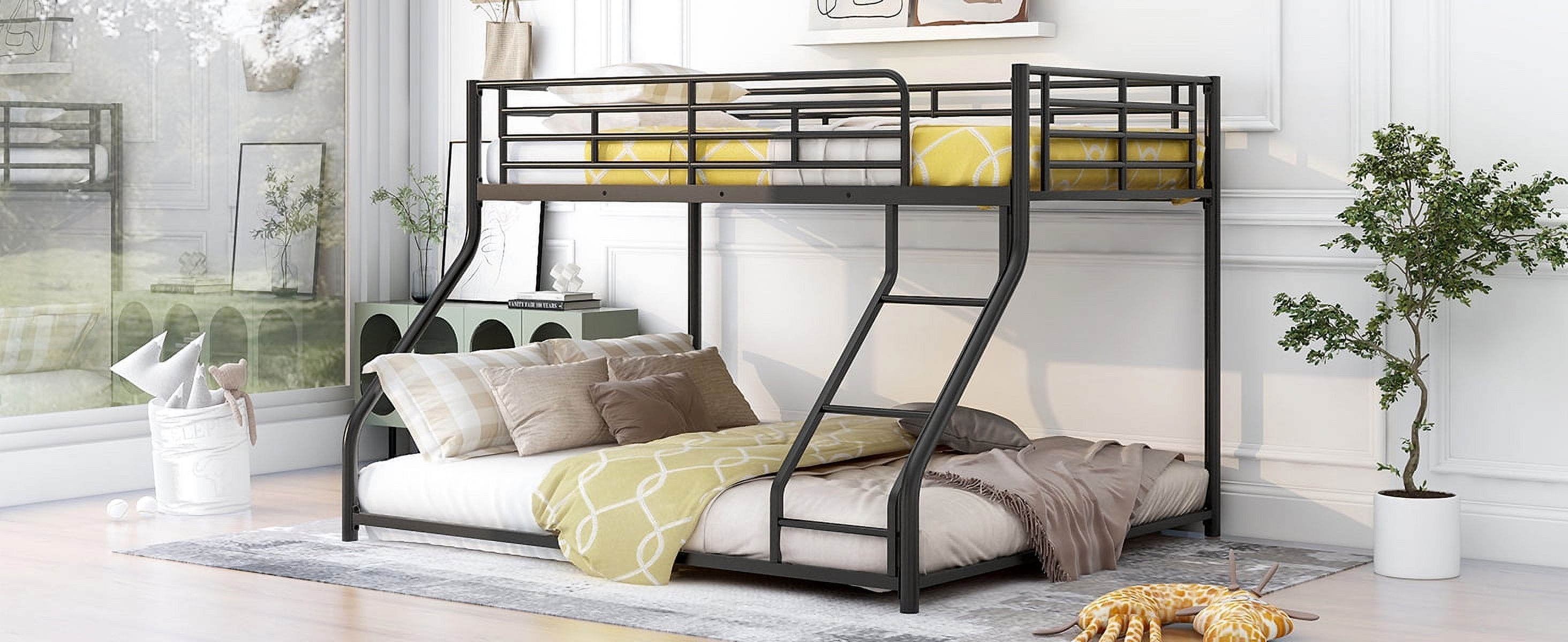 Noble House Full XL Over Queen Metal Bunk Bed,Black Industrial Frame with Guardrails & Slats,Black