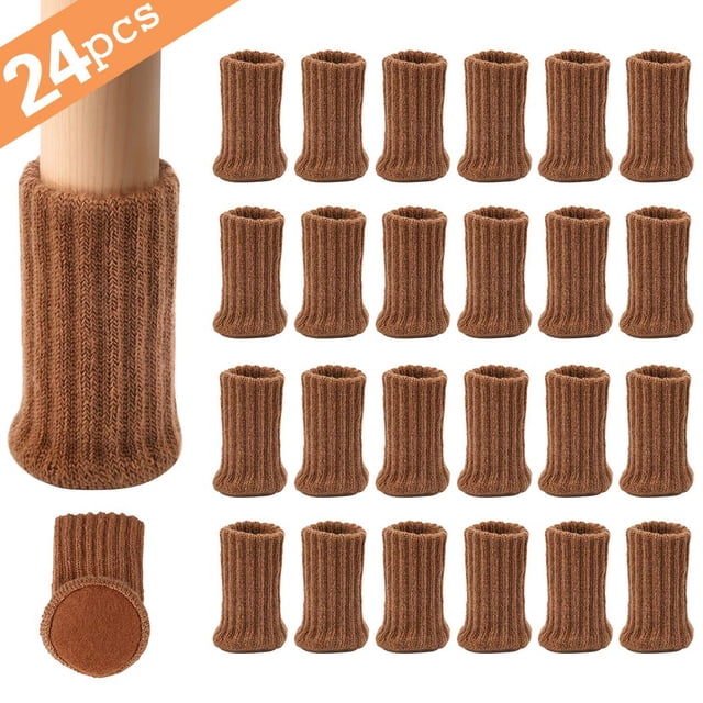 Coolmade 24pcs Chair Socks High Elastic Furniture Socks Pads in brown, designed to fit furniture feet girth from 3 to 5 inches. Made of high-density polyester fibre with a felt cloth bottom, these non-slip chair leg covers protect floors from scratches and reduce noise. The set includes 24 knitted furniture pads, suitable for round, square, or oval furniture legs, and is machine washable and reusable.