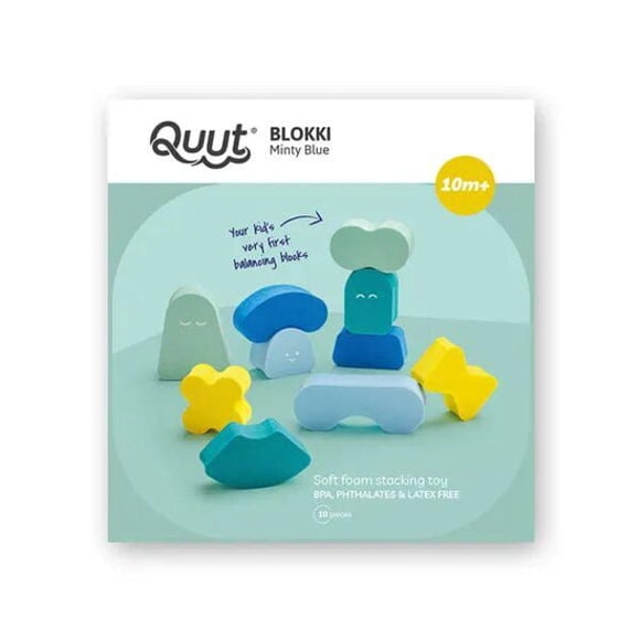 Quut - Blokki : Bleu Menthe - Jouet Empilable en Mousse Douce - 10 Pièces - Construction Amusante & Créative - Visages Ludiques pour Histoires Imaginatives - Jeu Multifonctionnel & Ouvert