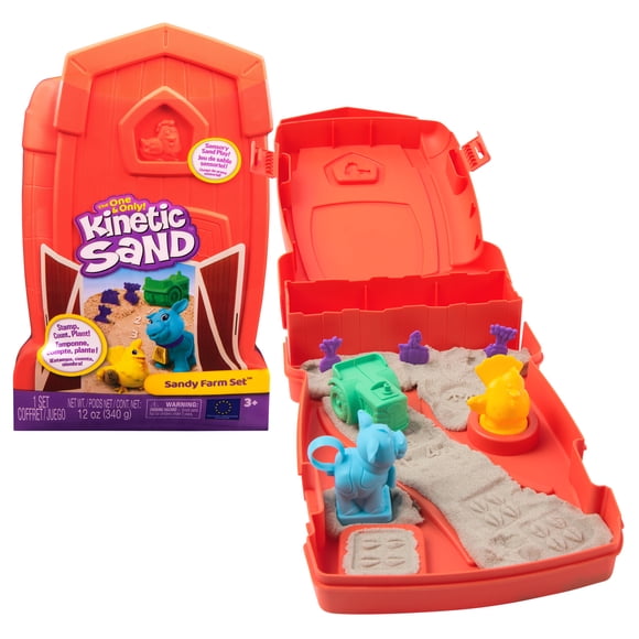 Kinetic Sand, Coffret Sandy Farm Set avec 340 g de sable de jeu, 6 outils et moules, boîte de rangement réutilisable en forme de grange, jouets pour tout-petits, pour filles et garçons à partir de 3+