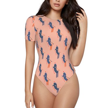 Vsdgher Winter Skiing Adventure Prinr Short Sleeve Body suit for Womens, Sexy Onesie One Piece Round Neck Bodysuit Shapewear Tummy Control-XX-Large