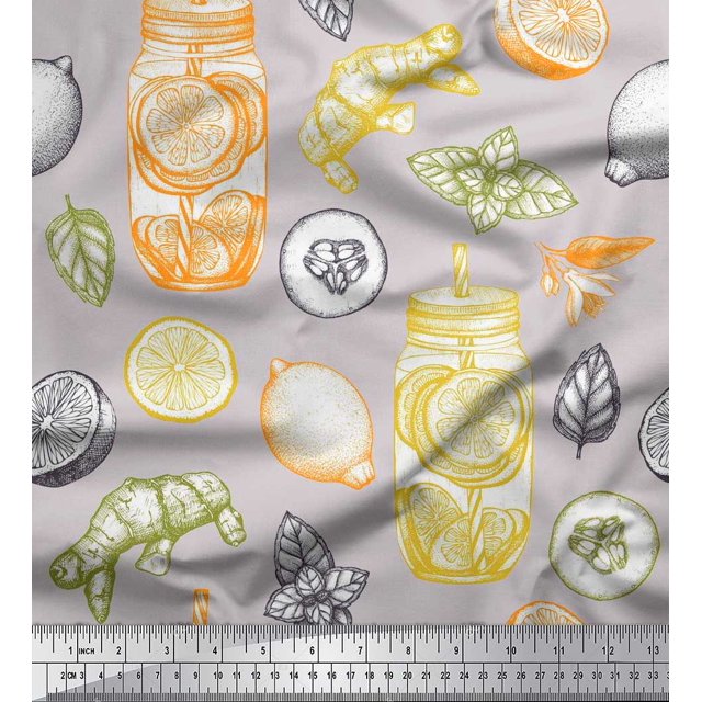 Soimoi Rayon Fabric Lemon Slice Jar,Cucumber & Ginger Vegetable Printed Craft Fabric by the Yard 42 Inch Wide