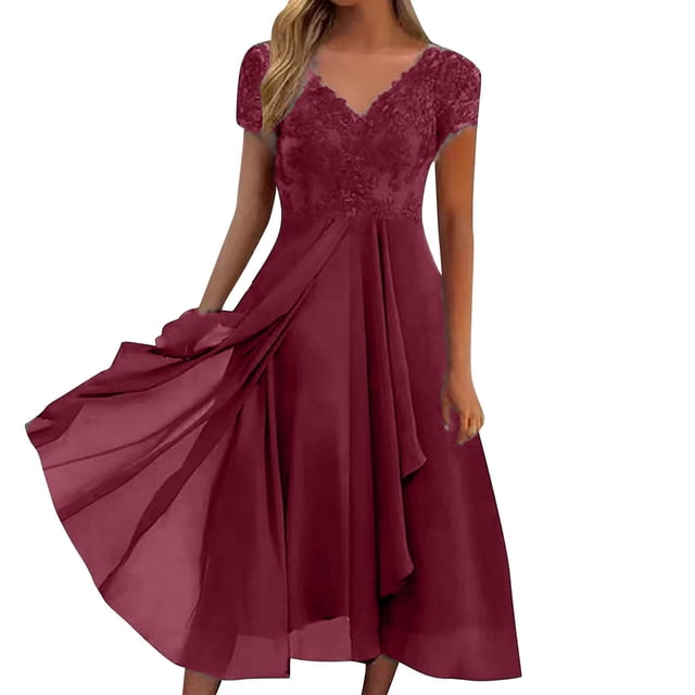 FYEGRE Robes Formelles pour Femmes Invitées de Mariage avec Fente Cocktail Élégante Dentelle Longue Robe de Bal Bordeaux L