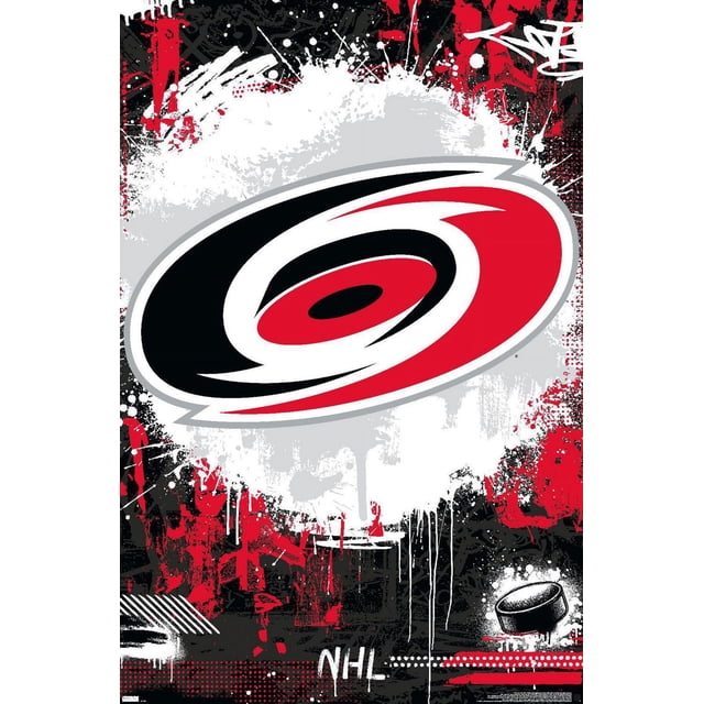 NHL Carolina Hurricanes Maximalist Logo Wall Poster featuring a large red, black, and white hurricane logo centered on a graffiti-style background with red, black, white, and gray paint splatters, including a hockey puck graphic at the bottom right and the NHL logo near the bottom center, ideal for sports fan room decor.
