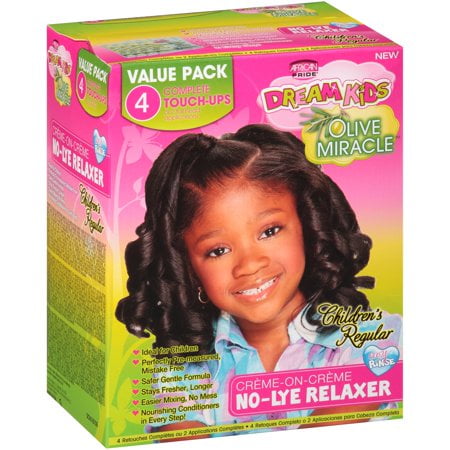African Pride Dream Kids Children's Regular No-Lye Relaxer with Olive Miracle formula, designed for gentle touch-ups to strengthen and protect children's hair. The packaging highlights a value pack with four touch-ups and vibrant branding.