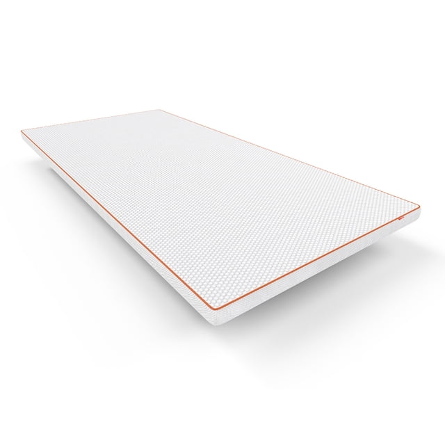 Dormeo The Essentials Dorm Mattress Topper for College, a 2-inch lightweight bed topper with a non-slip base, shown in a front-facing view. The white topper features a textured surface with orange trim along the edges, designed for comfort and breathability with Octacell Airflow Technology. Ideal for college student bedding, it provides targeted pressure relief and superior cooling. Compact and portable for easy dorm setup.