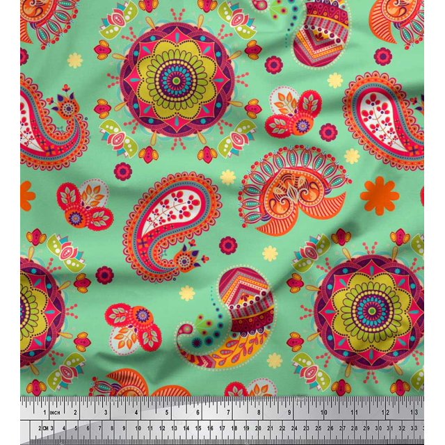 Soimoi polyester Crepe Fabric Mandala & Paisley Ethnic Decor Fabric Printed Yard 52 Inch Wide