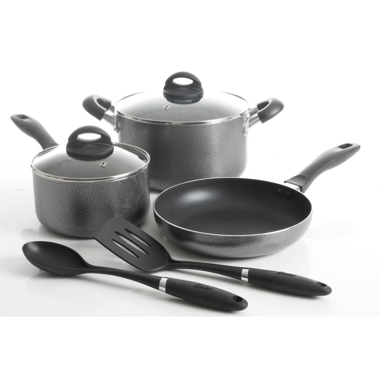 Oster Clairborne 7 Piece Aluminum Cookware Set W/ Kitchen Tools, Charcoal Grey with Bakelite handle
