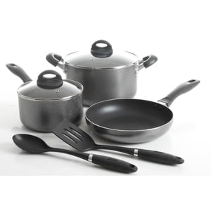 Oster Clairborne 7 Ensemble de cuisine en aluminium pièce W/ outils de cuisine, gris charbon avec poignée en bakélite
