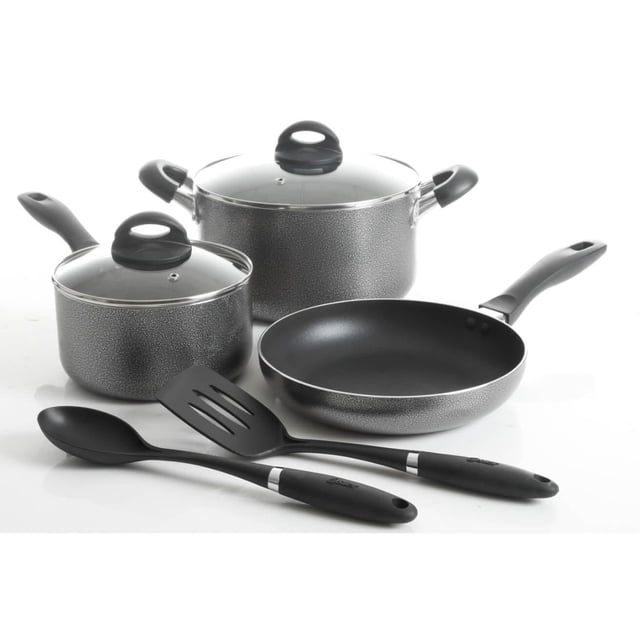 Oster Clairborne 7 Piece Aluminum Cookware Set W/ Kitchen Tools, Charcoal Grey with Bakelite handle